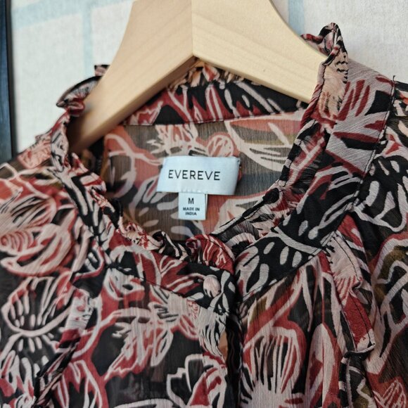 Evereve Kensie Floral Print Flowy Button Down Boho V-neck Sheer Ruffle Top - Picture 2 of 8